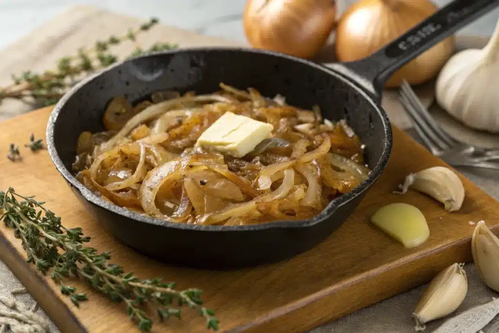 A skillet of golden caramelized onions with thyme and garlic