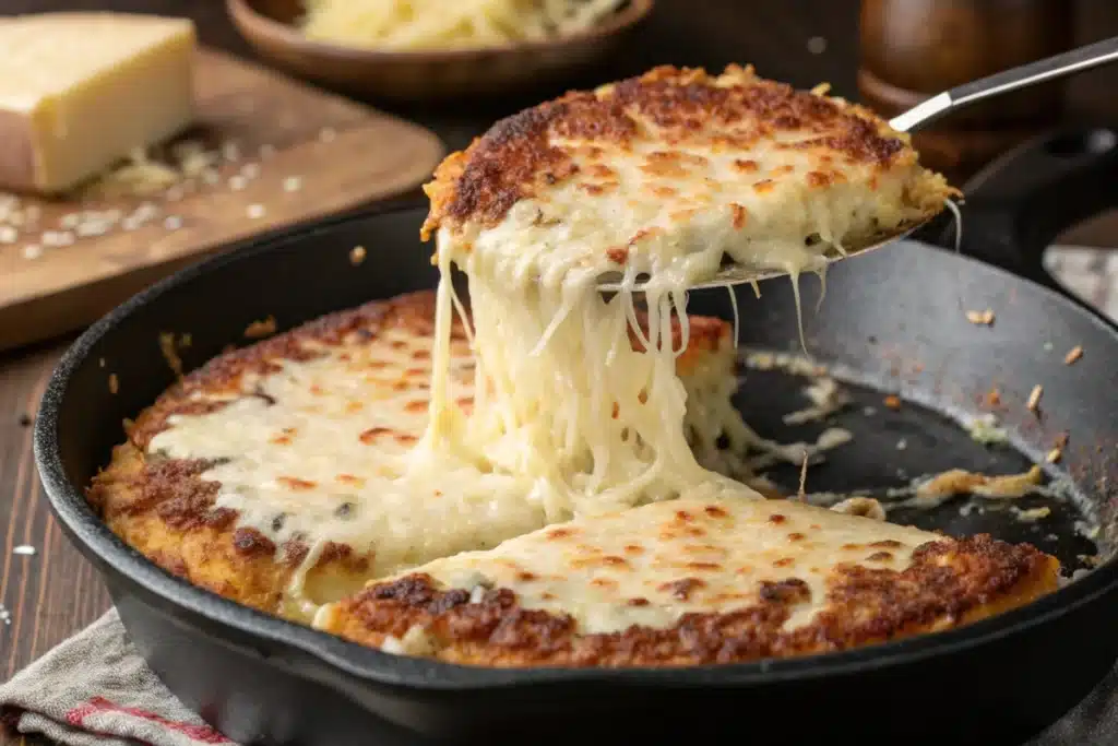 Shredded cheese melting in a skillet, forming a golden, crispy crust.