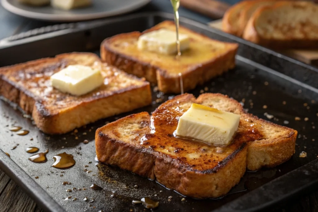 Golden-brown sourdough French toast slices cooking on a griddle.