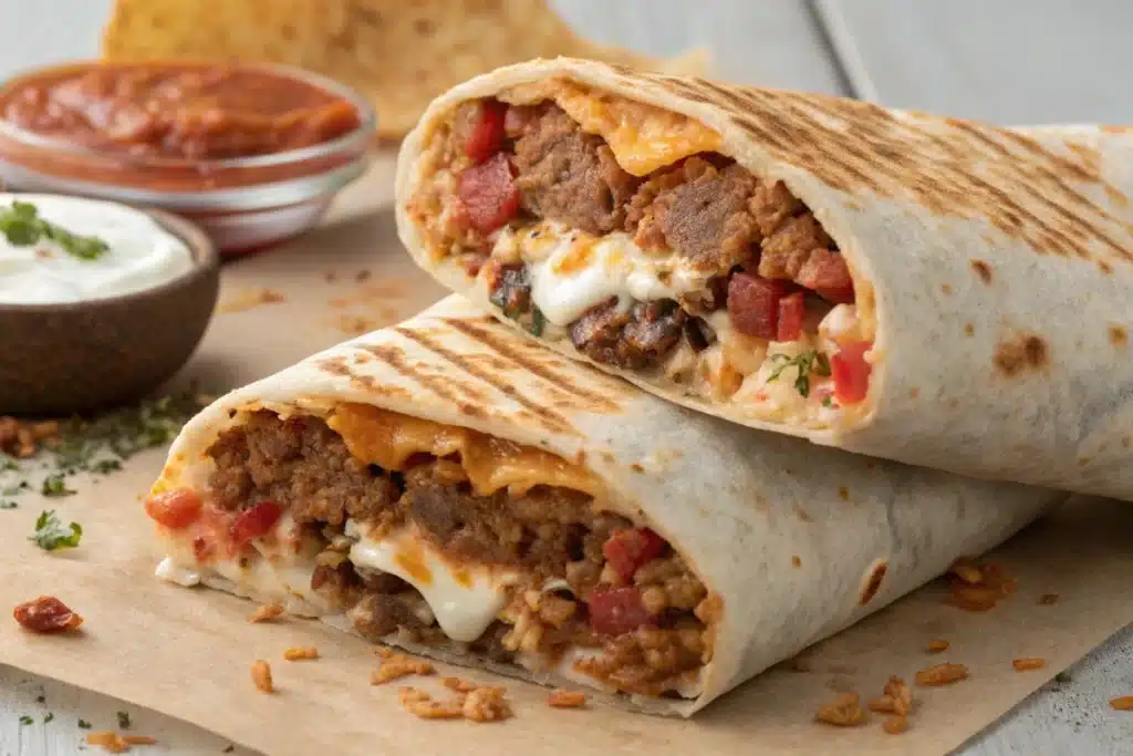 Close-up of the interior layers of a grilled cheese burrito, featuring seasoned beef, rice, chipotle sauce, and cheese.