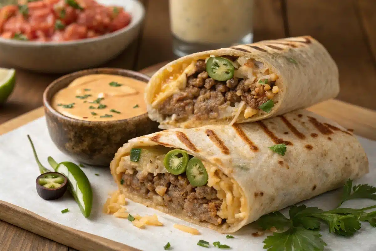 Close-up of Taco Bell’s Grilled Stuffed Burrito sliced open to reveal its layers of meat, rice, beans, and cheese.