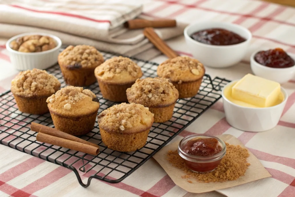 Coffee cake muffins cooling on a rack with ramekins of jam and butter on a checkered tablecloth.