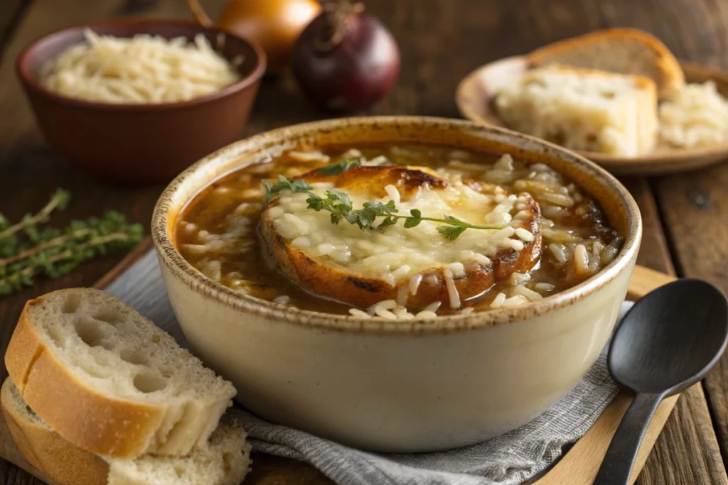 A bowl of French onion soup rice with melted Gruyère cheese and caramelized onions.