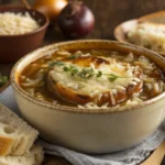 A bowl of French onion soup rice with melted Gruyère cheese and caramelized onions.