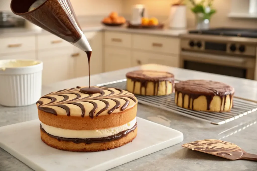 Homemade zebra cakes being prepared with vanilla creme and chocolate icing.