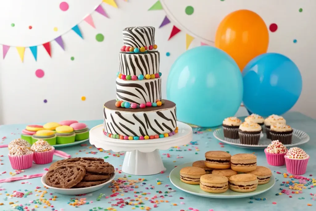 A party table with a zebra cake tower centerpiece surrounded by festive decorations.