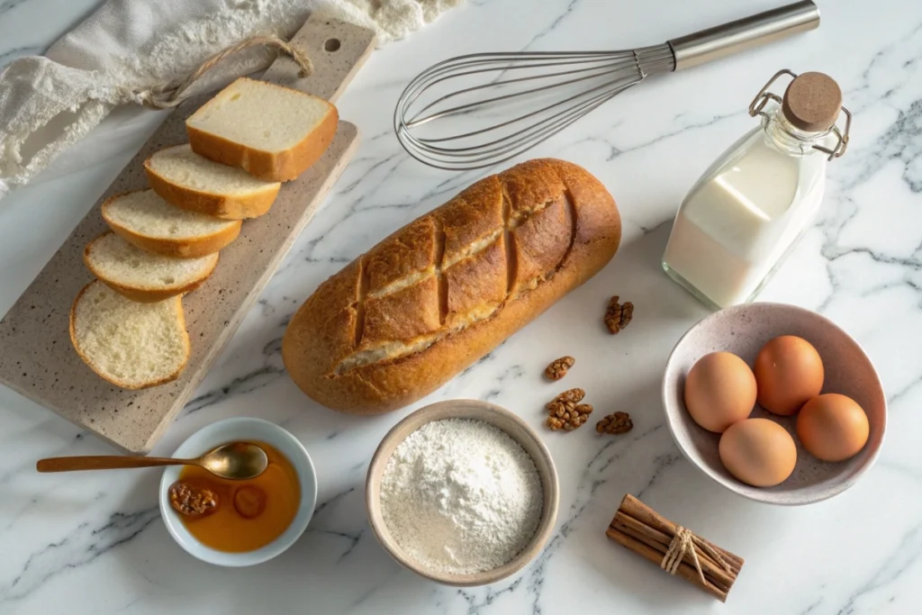 Flat lay of ingredients for sourdough French toast on a marble countertop.