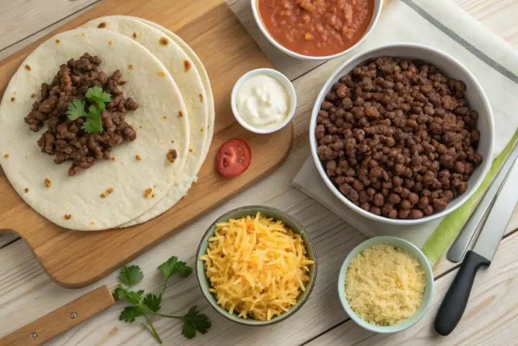 Ingredients for a copycat grilled stuffed burrito, including tortilla, meat, beans, rice, and sauces.