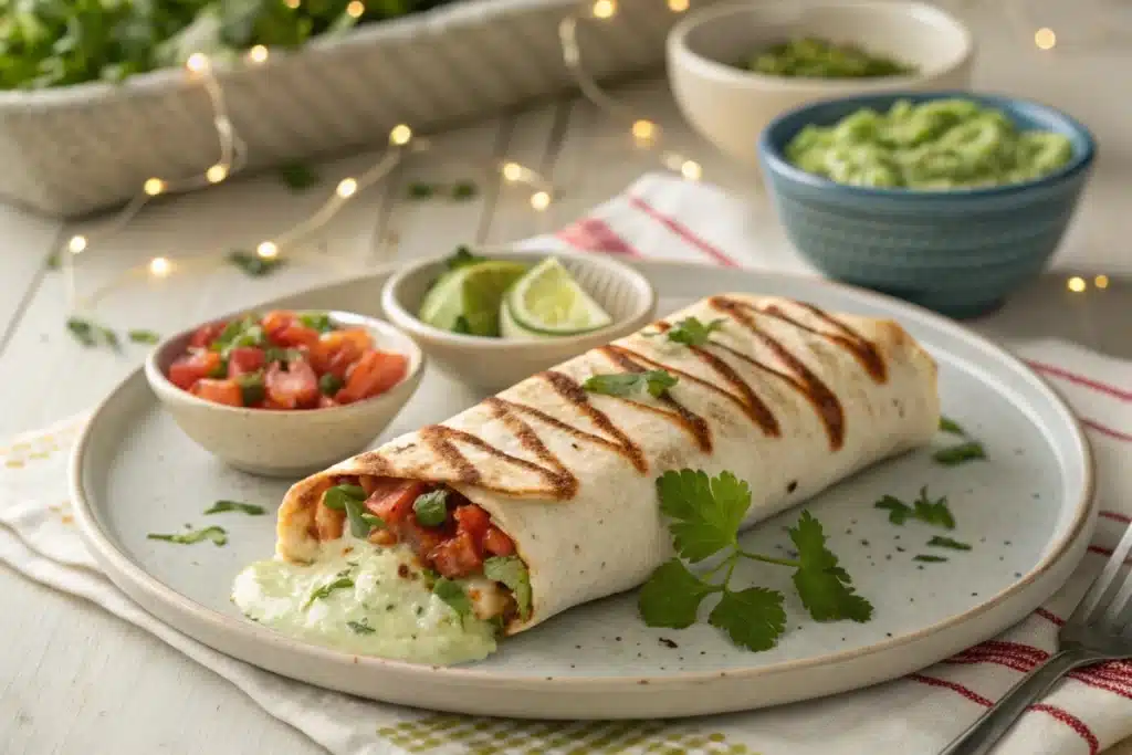 Homemade grilled stuffed burrito garnished with cilantro and served with guacamole and salsa.