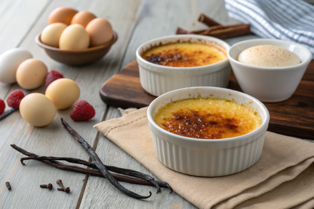 Crème brûlée and custard comparison on a wooden table.