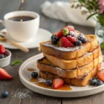 Stack of golden sourdough French toast topped with fresh berries and maple syrup.