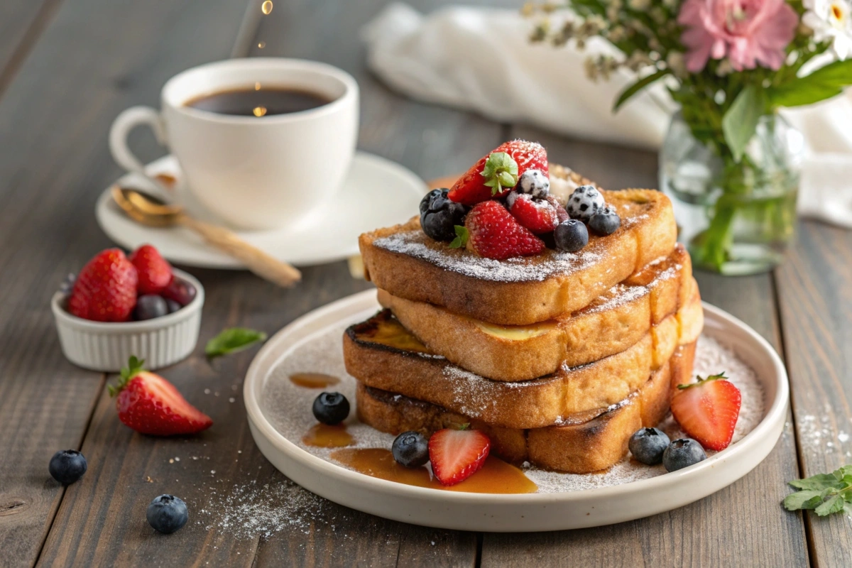 Stack of golden sourdough French toast topped with fresh berries and maple syrup.