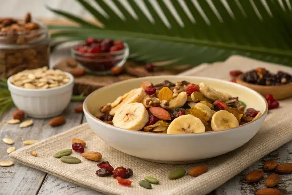 Banana chips with a mix of nuts and dried fruits.