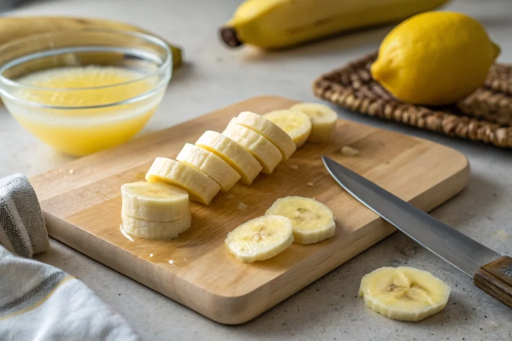 Freshly sliced bananas on a cutting board with lemon juice.