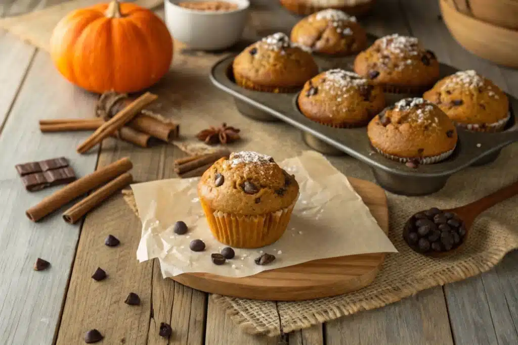 Freshly baked pumpkin chocolate chip muffins on a rustic table.