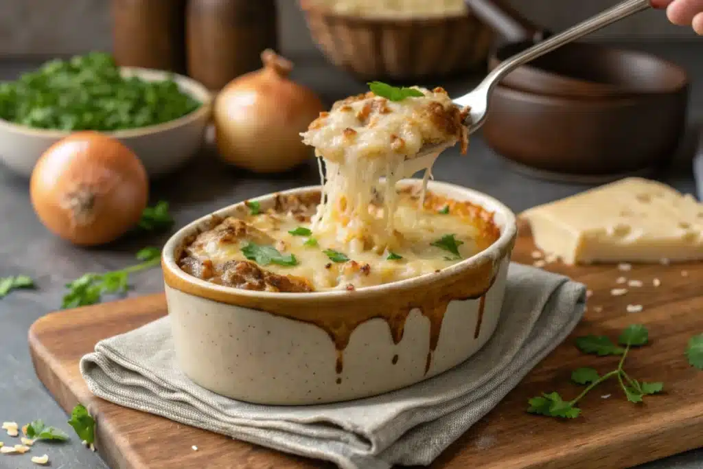 A dish of French onion soup rice with bubbling cheese and herbs.