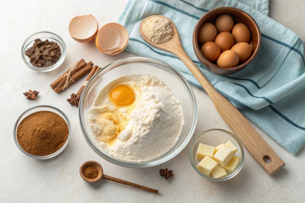 Ingredients for coffee cake muffins including flour, sugar, eggs, and coffee extract arranged on a kitchen counter.