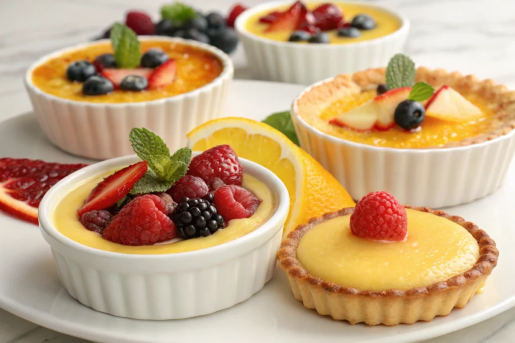 Various custard desserts displayed in ramekins and tarts.