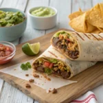 Beefy 5 layer burrito with distinct layers, salsa, guacamole, and tortilla chips.