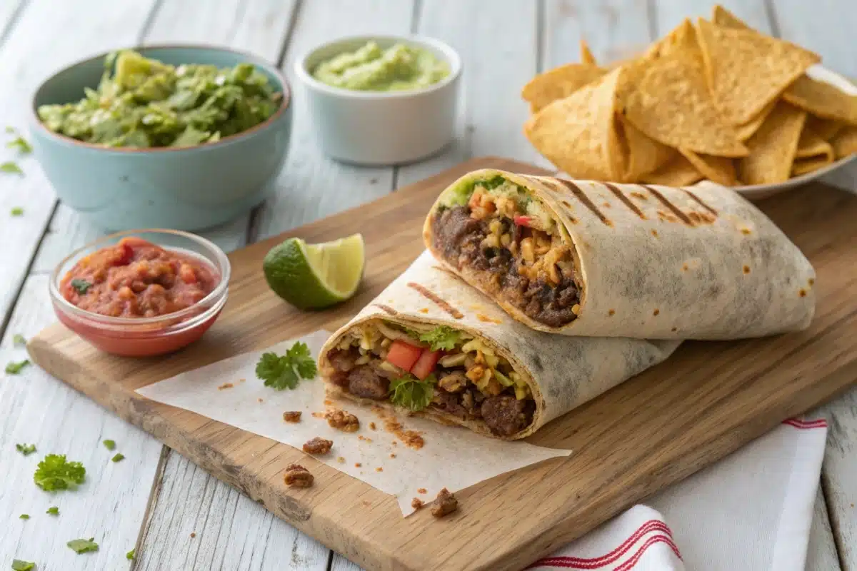 Beefy 5 layer burrito with distinct layers, salsa, guacamole, and tortilla chips.