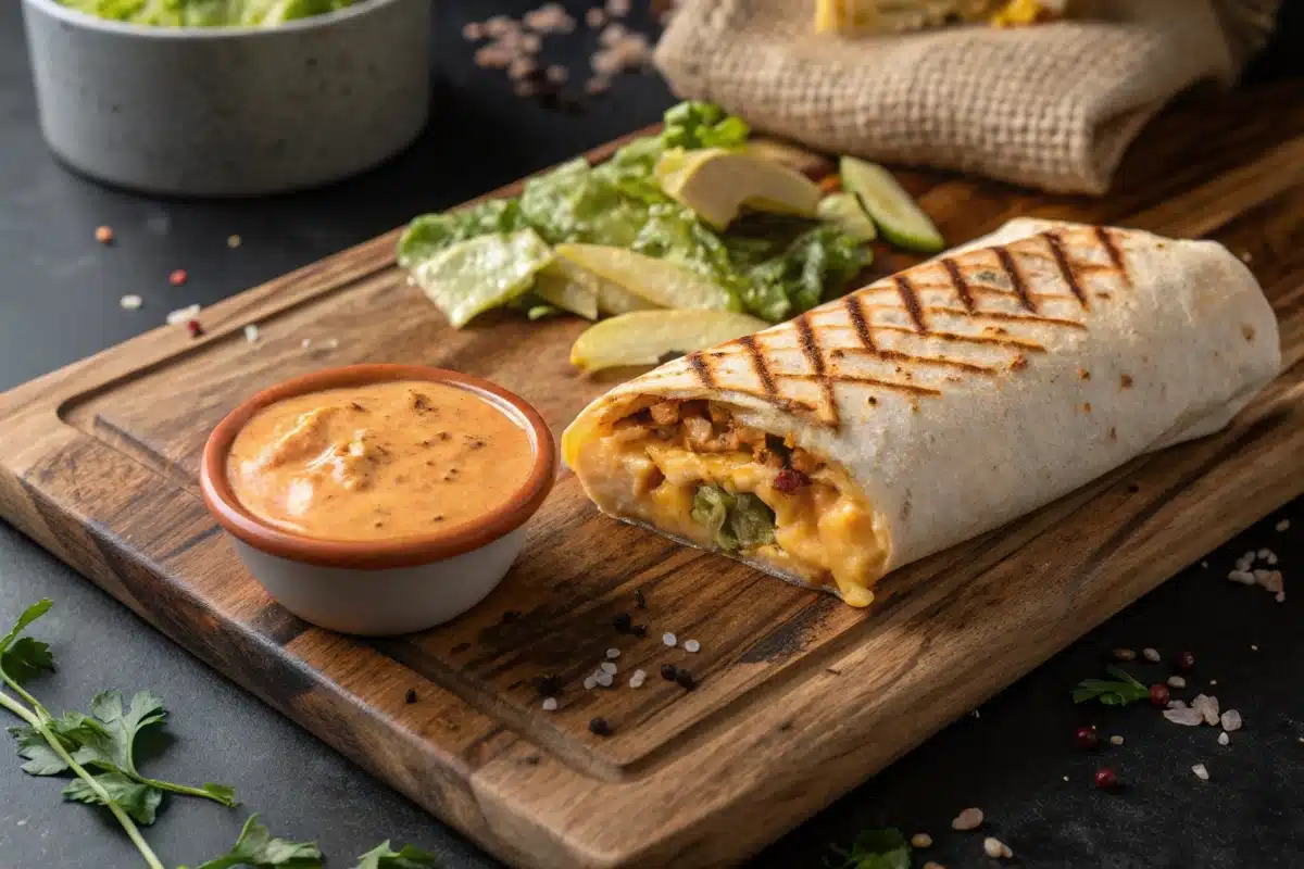 Top-down view of a grilled cheese burrito with a golden crispy cheese crust, chipotle sauce, and fresh lettuce.