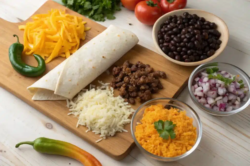 Ingredients for a grilled cheese burrito, including shredded cheese, beef, rice, and beans on a wooden board.