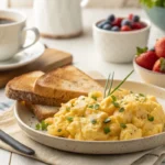 A plate of scrambled eggs with cottage cheese, toast, and fresh fruit in a modern kitchen