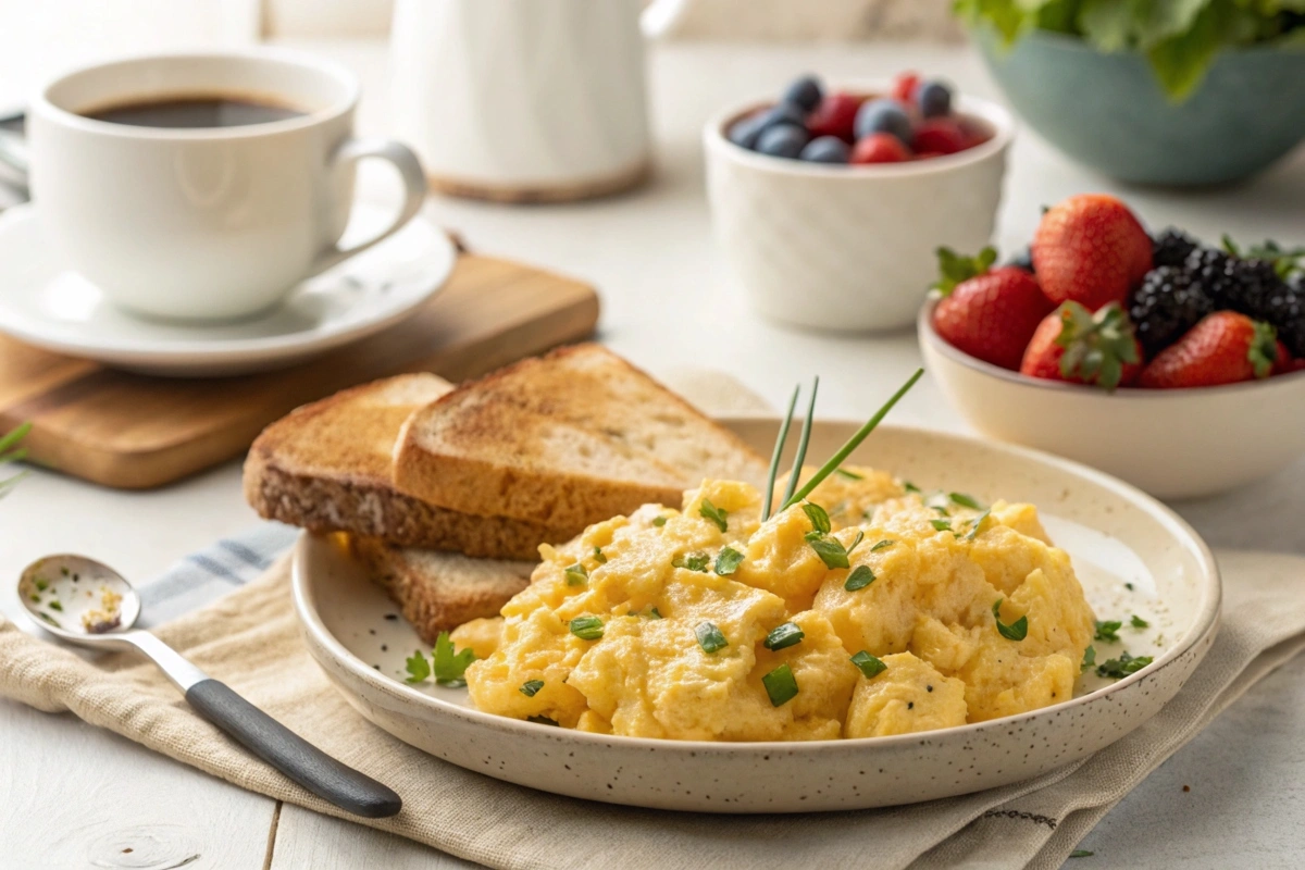 A plate of scrambled eggs with cottage cheese, toast, and fresh fruit in a modern kitchen