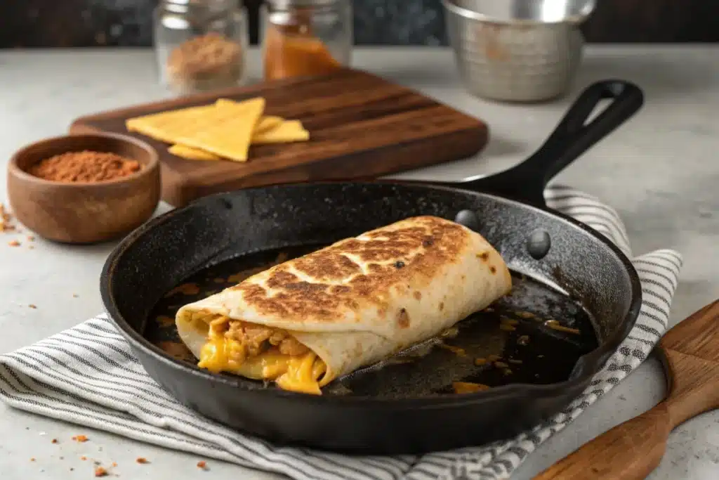 Grilled cheese burrito on a skillet with golden melting cheese crust, steam rising in a warm kitchen setting.