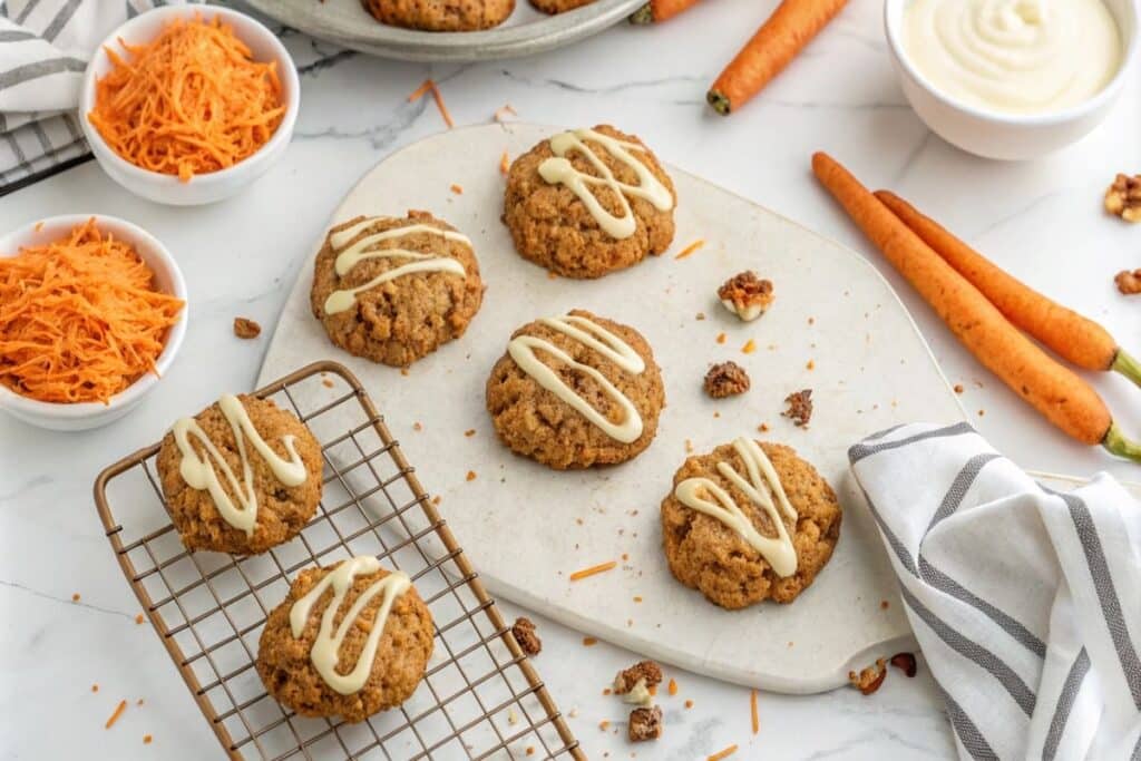 A batch of freshly baked carrot cake cookies topped with cream cheese glaze.