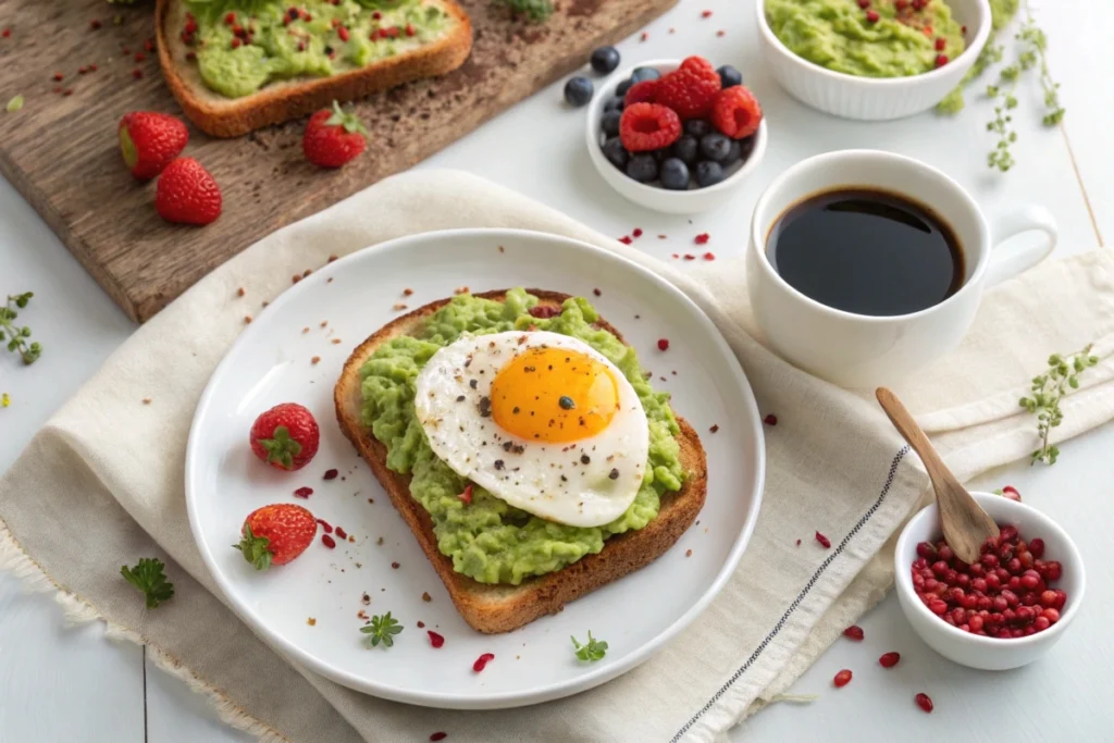 Sourdough toast topped with avocado, chili flakes, and a fried egg, served with coffee and fruits.