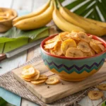 Golden crispy banana chips in a bowl with fresh bananas.