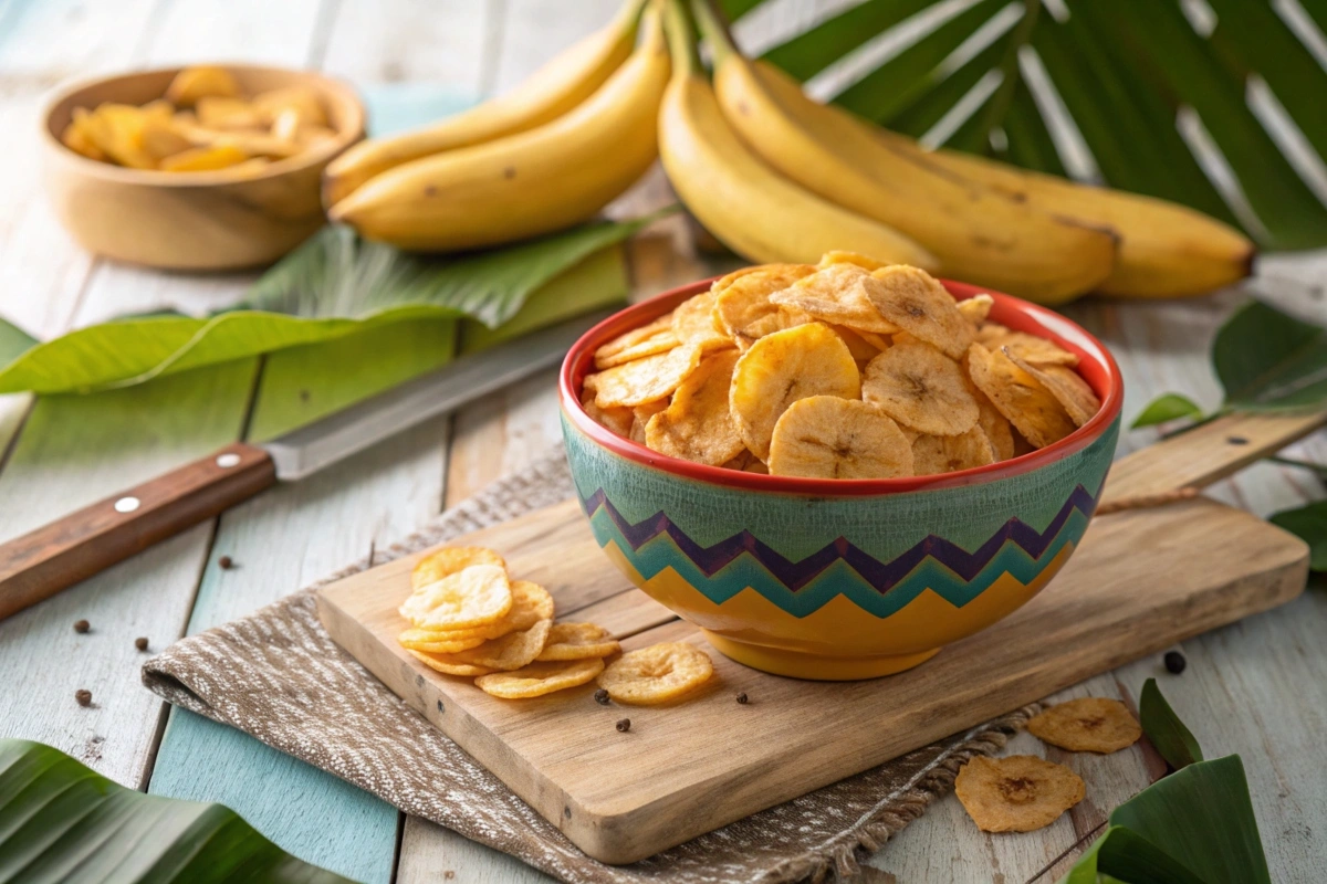 Golden crispy banana chips in a bowl with fresh bananas.