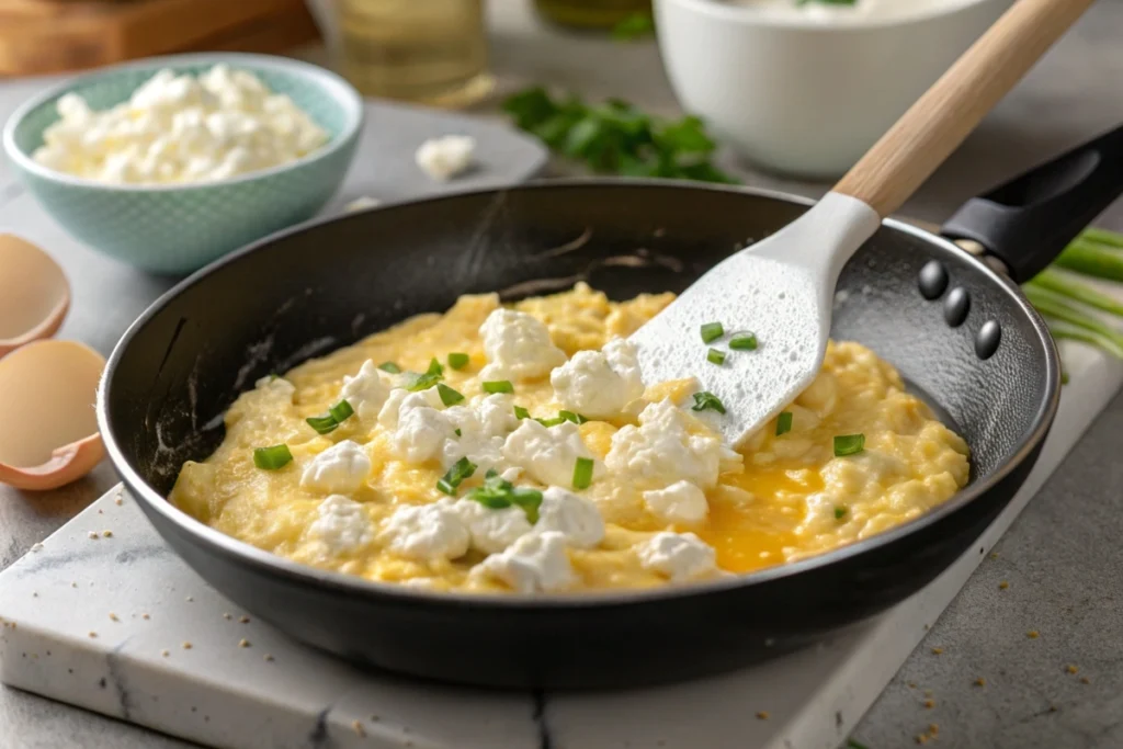 Scrambled eggs with cottage cheese cooking in a nonstick skillet with a silicone spatula.