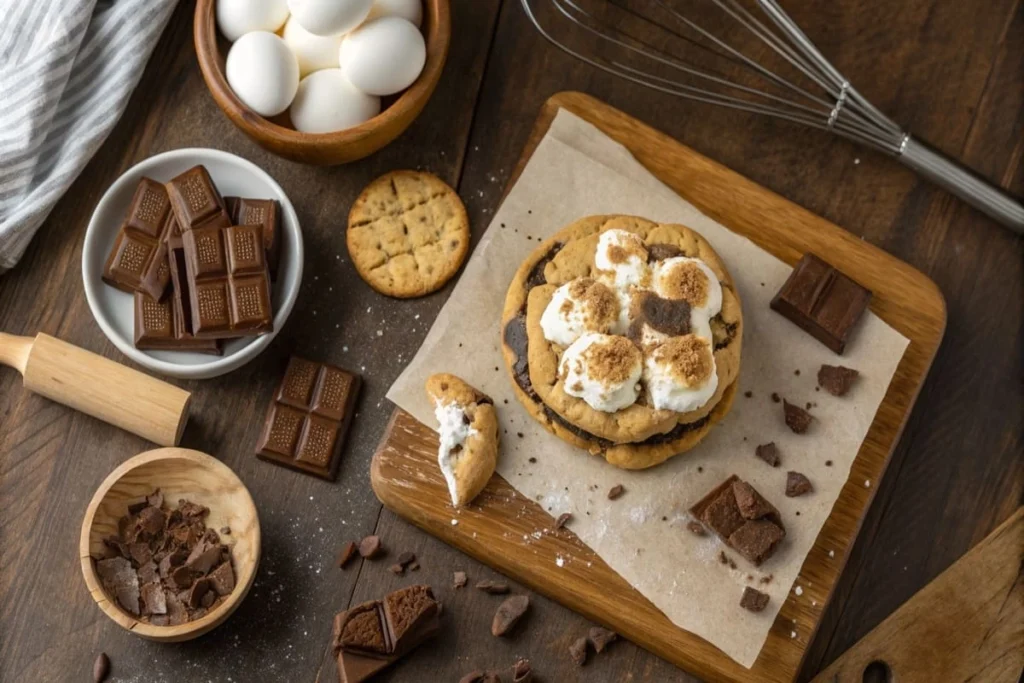 Cookie S'mores with chocolate and marshmallow layers.