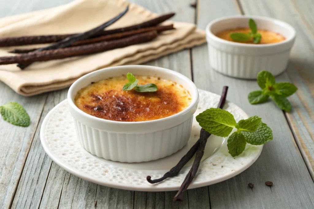 Crème brûlée with caramelized sugar topping in a white ramekin.