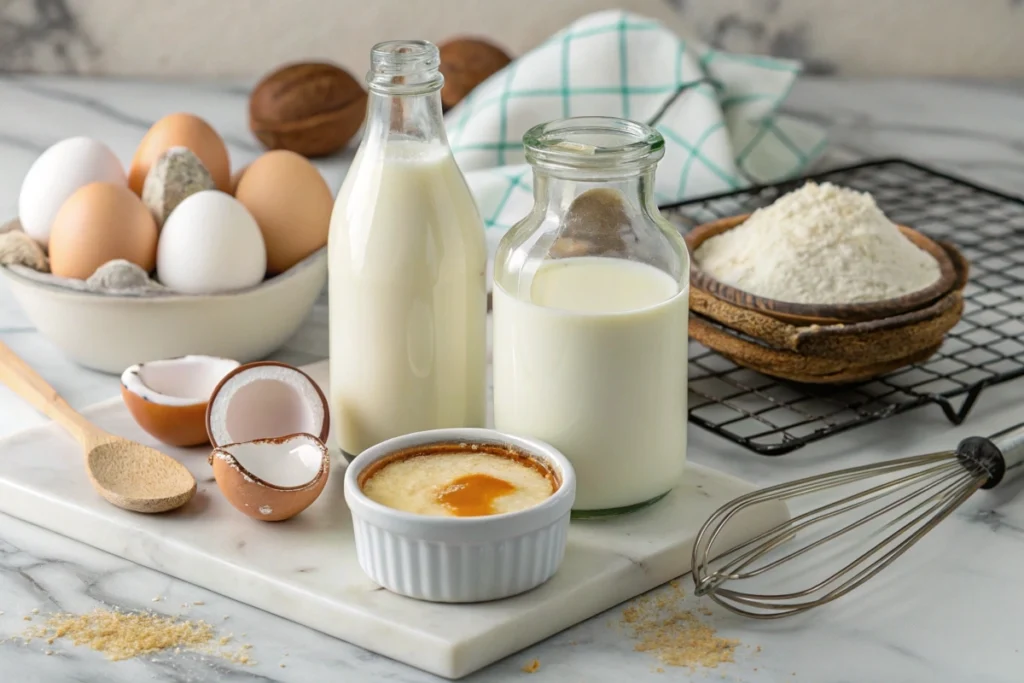 Various cream options for making crème brûlée on a marble countertop.