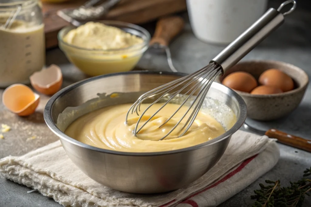 Whisking cream and egg yolk mixture for crème brûlée custard.