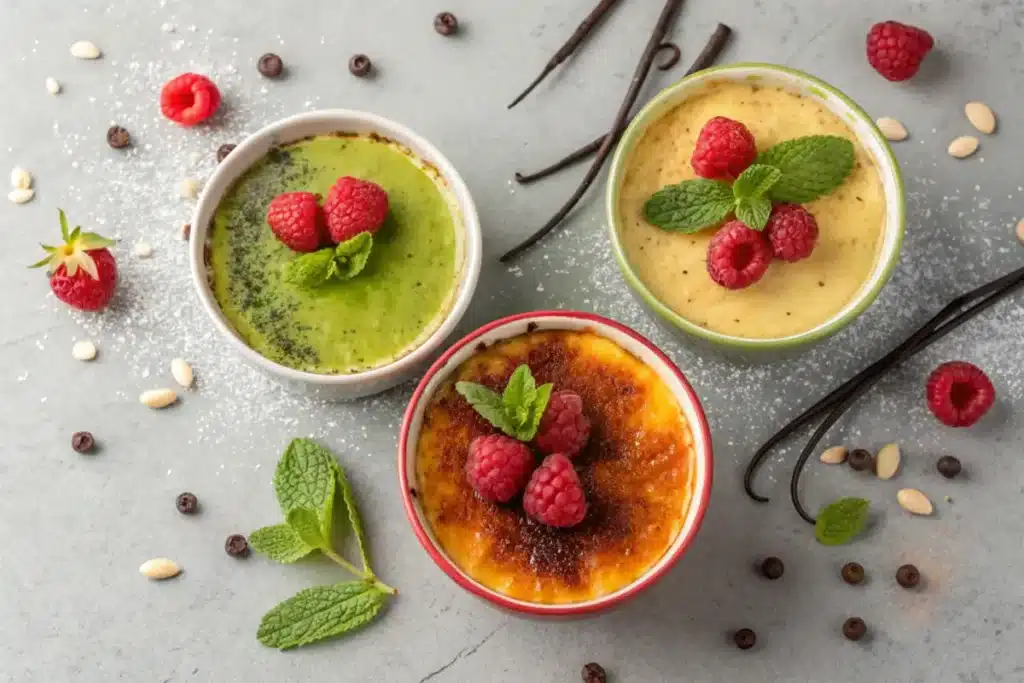 Three Variations of Crème Brûlée: Vanilla, Matcha, and Raspberry