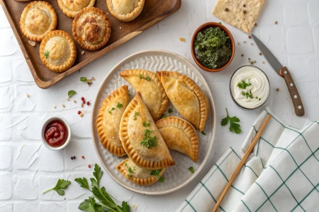 A variety of empanadas and pastelitos displayed on a wooden table.