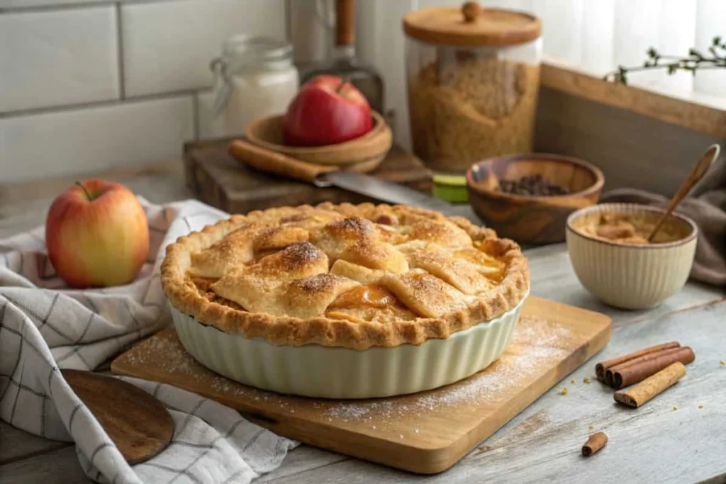 French apple pie fresh out of the oven on a wooden table.