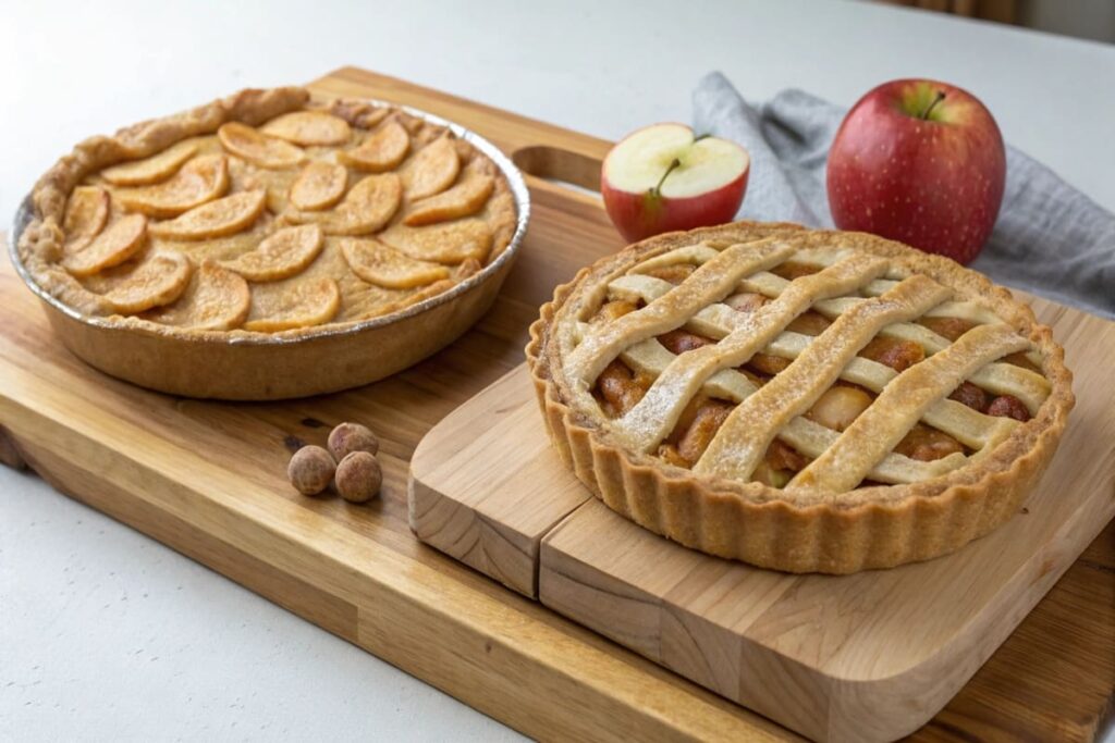 What is the difference between French apple pie and regular apple pie showcasing both pies side by side.