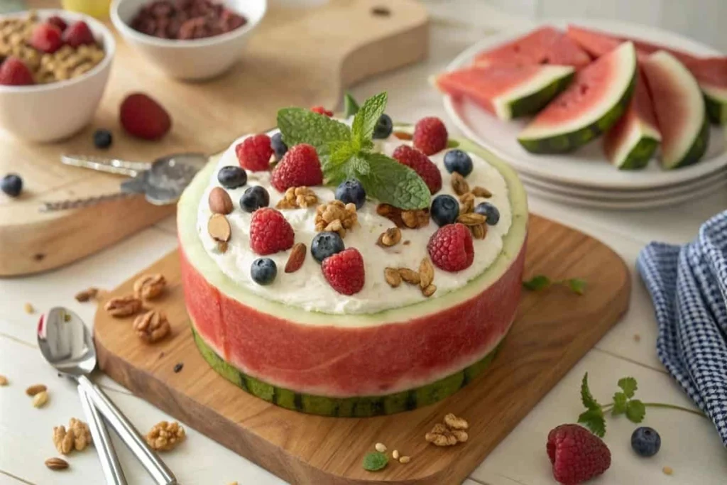 Fresh watermelon cake topped with berries and cream, highlighting what is watermelon cake made of?