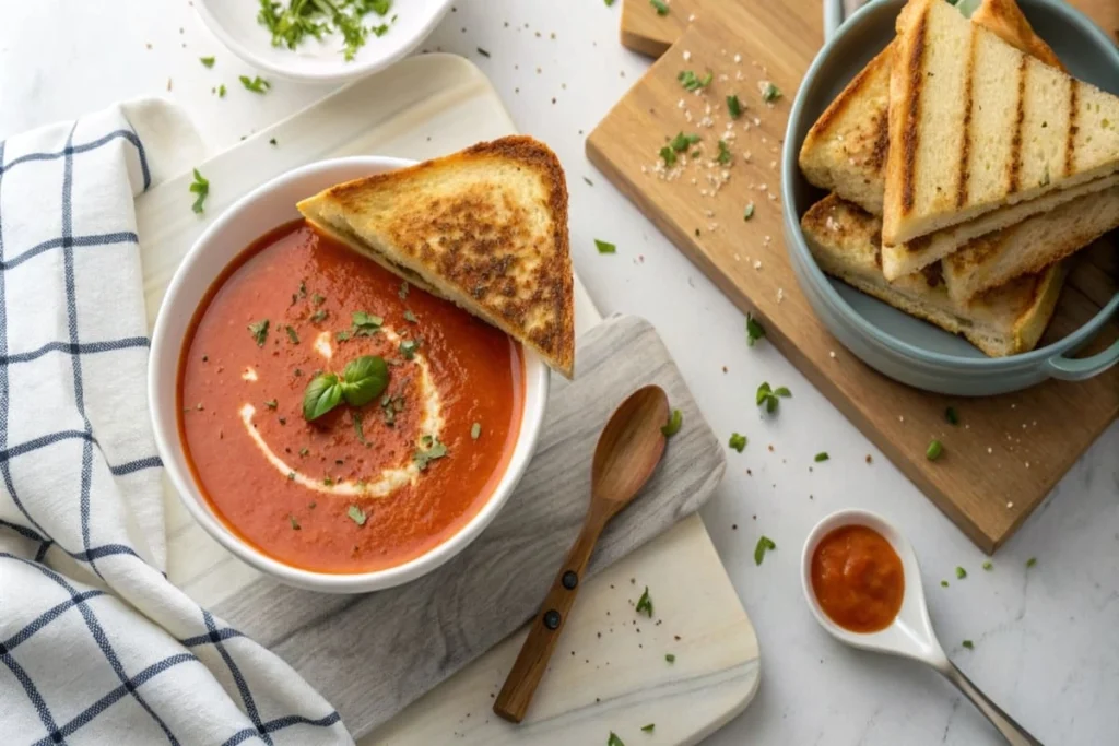 A bowl of creamy tomato soup with a classic grilled cheese sandwich, grilled cheese and tomato soup.