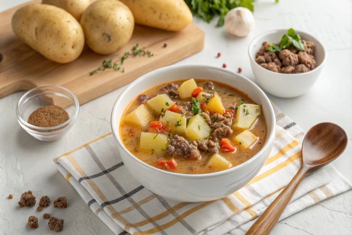 A bowl of creamy hamburger potato soup with ground beef and diced potatoes.