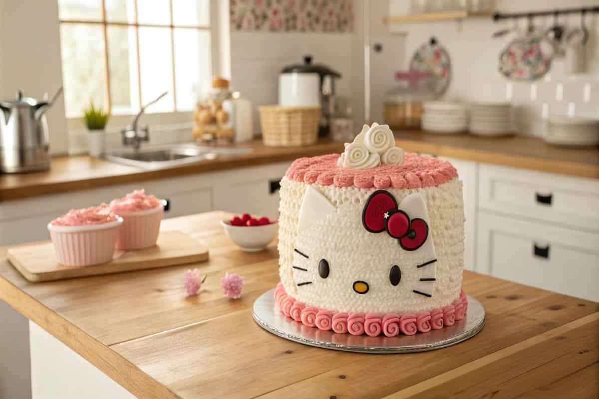 A finished hello kitty cake decorated with fondant bow and facial details.