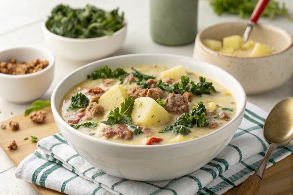 Top-down view of Zuppa Toscana, a classic olive garden soups dish, in a home kitchen