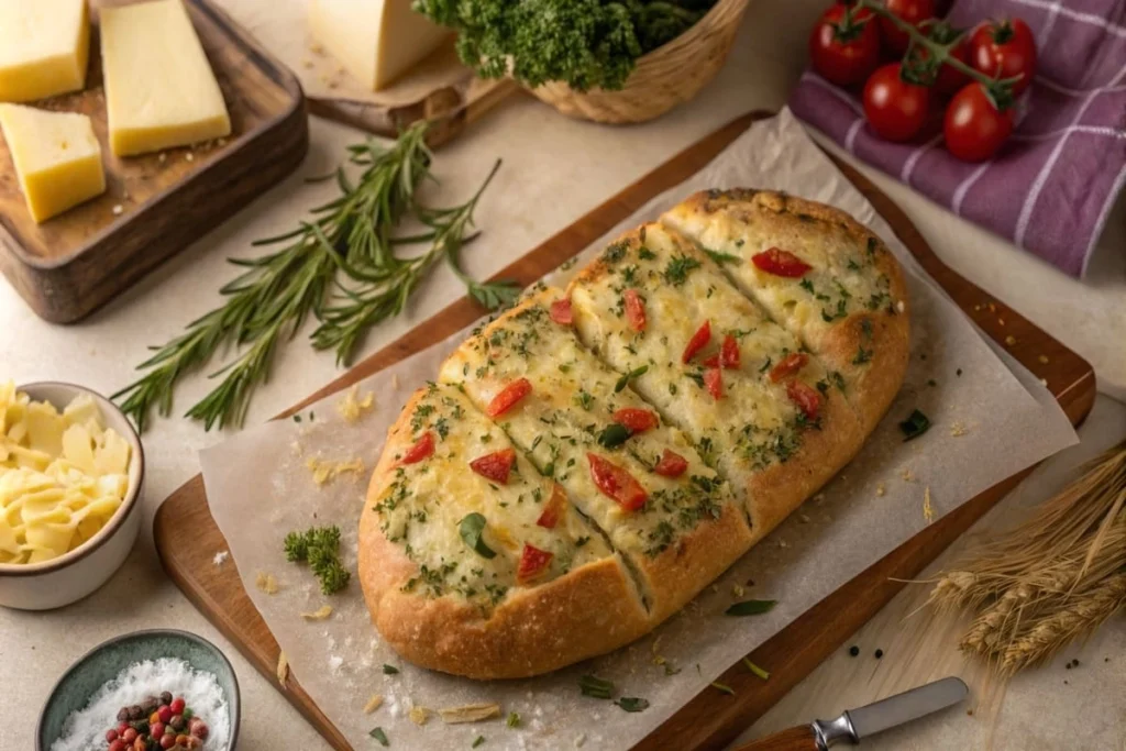 A freshly baked Italian herbs and cheese bread loaf sliced on a wooden board.