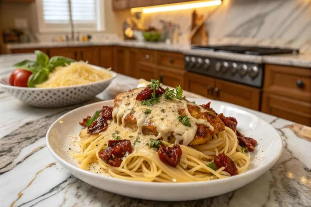 A plate of creamy Marry Me Chicken garnished with fresh basil, highlighting What is Marry Me Chicken made of?