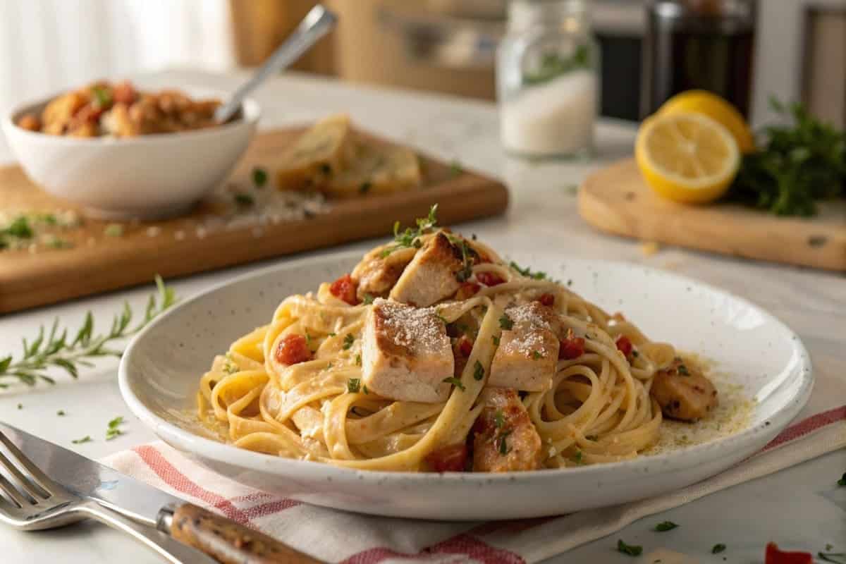 A plate of creamy chicken pasta garnished with fresh basil, illustrating why is it called "marry me chicken pasta"?